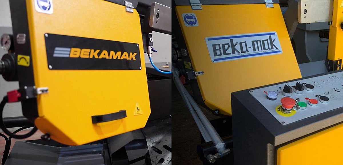 لوگوی قدیم و جدید بکامک بر روی دستگاه‌های برش اره نواری